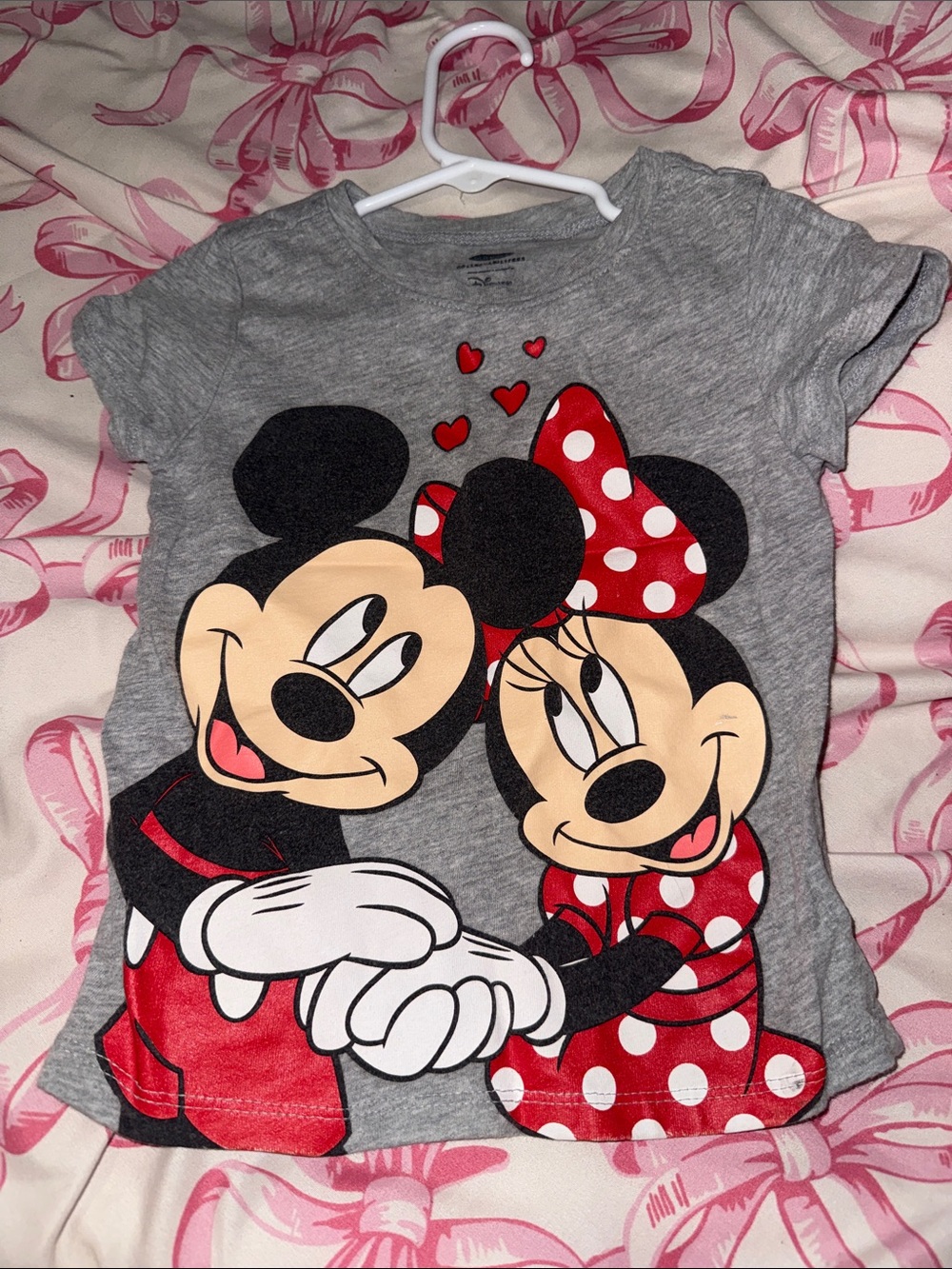 Girls' Gray Mickey & Minnie Short Sleeve Top with Red Accents